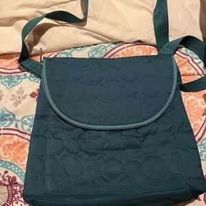 Thirty-One Blue Crossbody Bag with Textured Fabric and Flap Closure